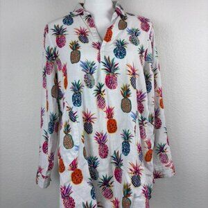 Sigrid Olsen womens medium white linen blend long sleeve rainbow pineapple tunic